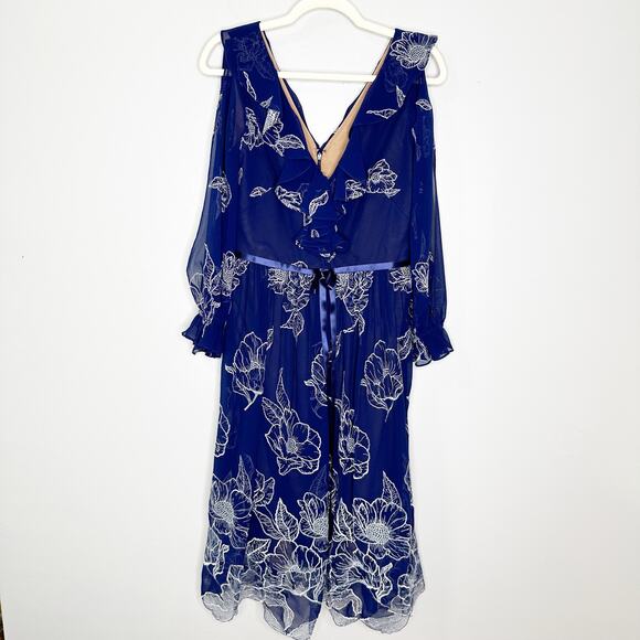 Marchesa Notte Floral Midi Dress Embroidered Long-Sleeve Tulle Navy Blue Size 6 - Picture 3 of 11